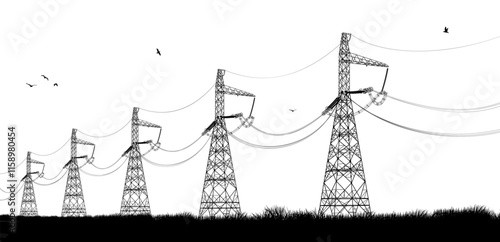 High electric towers isolated on against the white backdrop. Vector electric pole. Silhouette power lines. Energy pylons. Black outlines illustration.