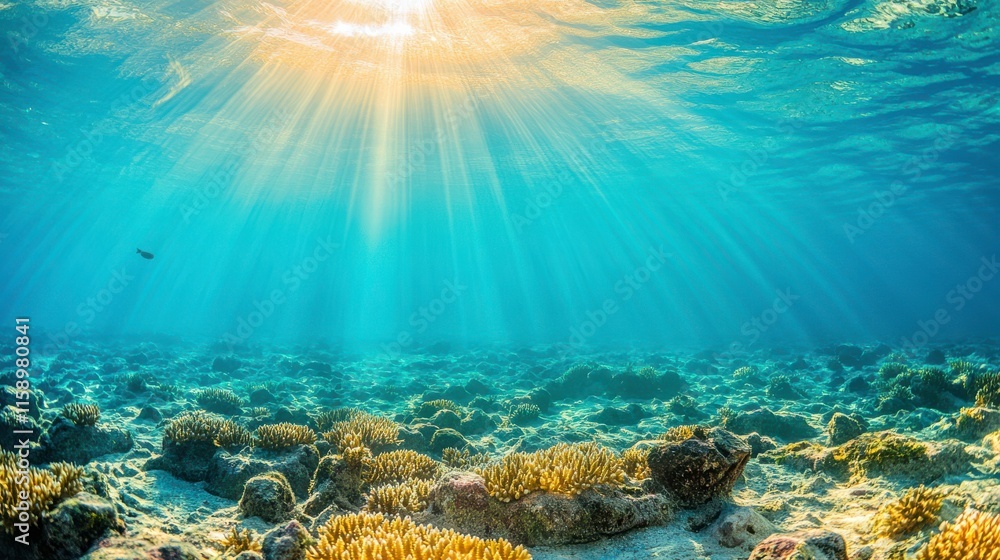 Naklejka premium Coral Reef Under Bright Sunlight and Polluted Waters