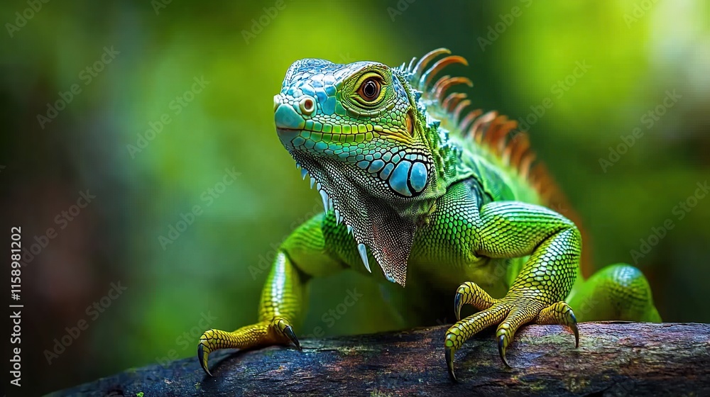 Vibrant green iguana perched on a branch, showcasing intricate scales and details against a blurred green background. Vibrant green iguana perched on a branch, showcasing intricate scales and details against a blurred green background.
