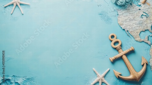 Nautical map and anchor with starfish on blue background providing ideal space for text and creative designs. Generative AI photo