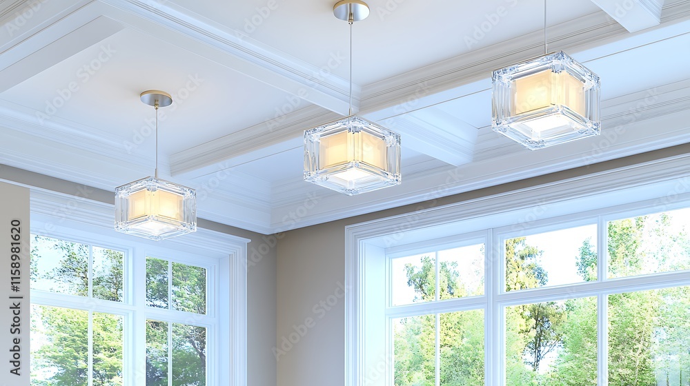 Fototapeta premium Modern Cube Pendant Lights Coffered Ceiling Large Windows Interior Design
