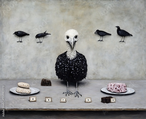 Surreal artwork of a unique bird with cakes and crows. photo