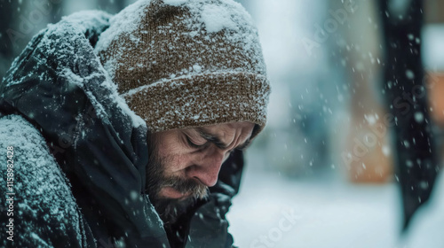 Frozen man shivering in cold weather wrapped in blanket
