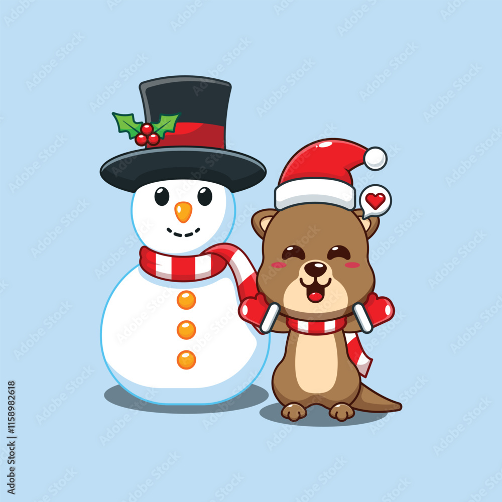 Cute otter playing with Snowman cartoon vector illustration. Cute otter playing with Snowman cartoon vector illustration.