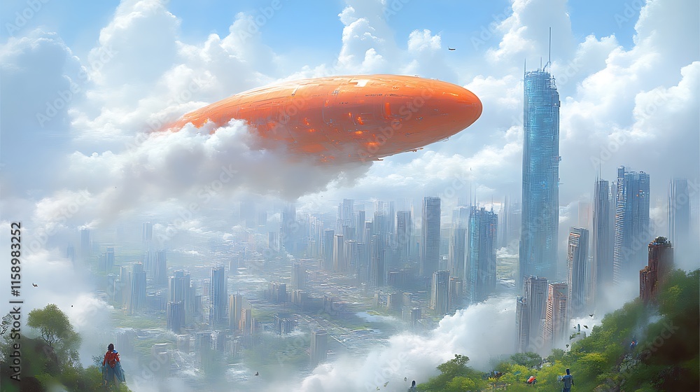 Fototapeta premium Futuristic city with orange airship above clouds.