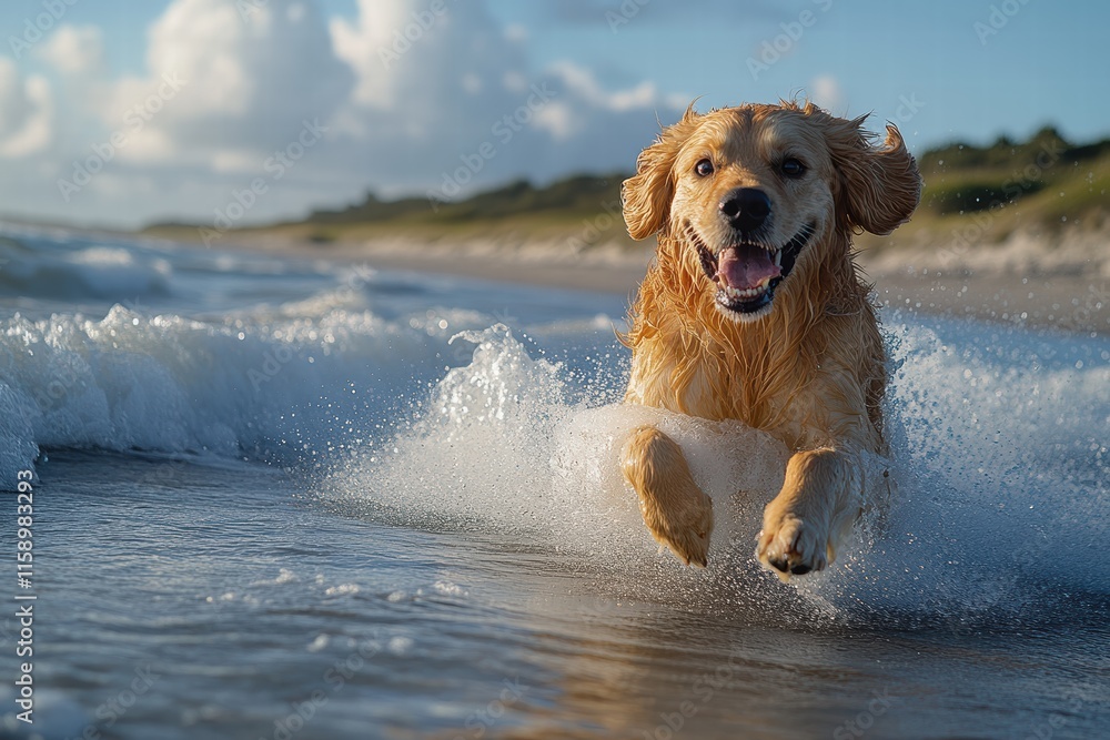Dog joyfully chasing waves at the seashore during a sunny day Dog joyfully chasing waves at the seashore during a sunny day