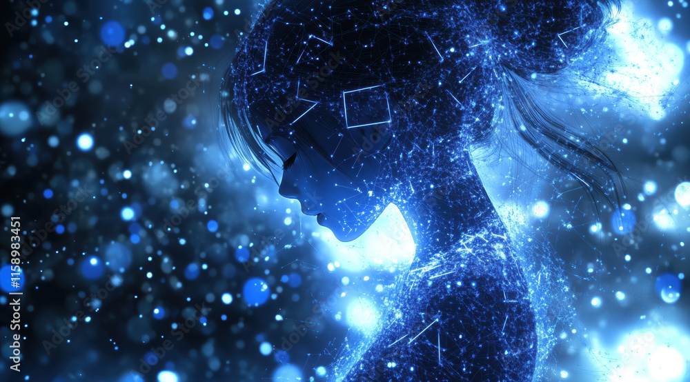 Digital artwork depicting a human faces merging with a vibrant blue glow, showcasing connection and intimacy in a creative expression. Blue digital particles form an intricate pattern in the dark Digital artwork depicting a human faces merging with a vibrant blue glow, showcasing connection and intimacy in a creative expression. Blue digital particles form an intricate pattern in the dark
