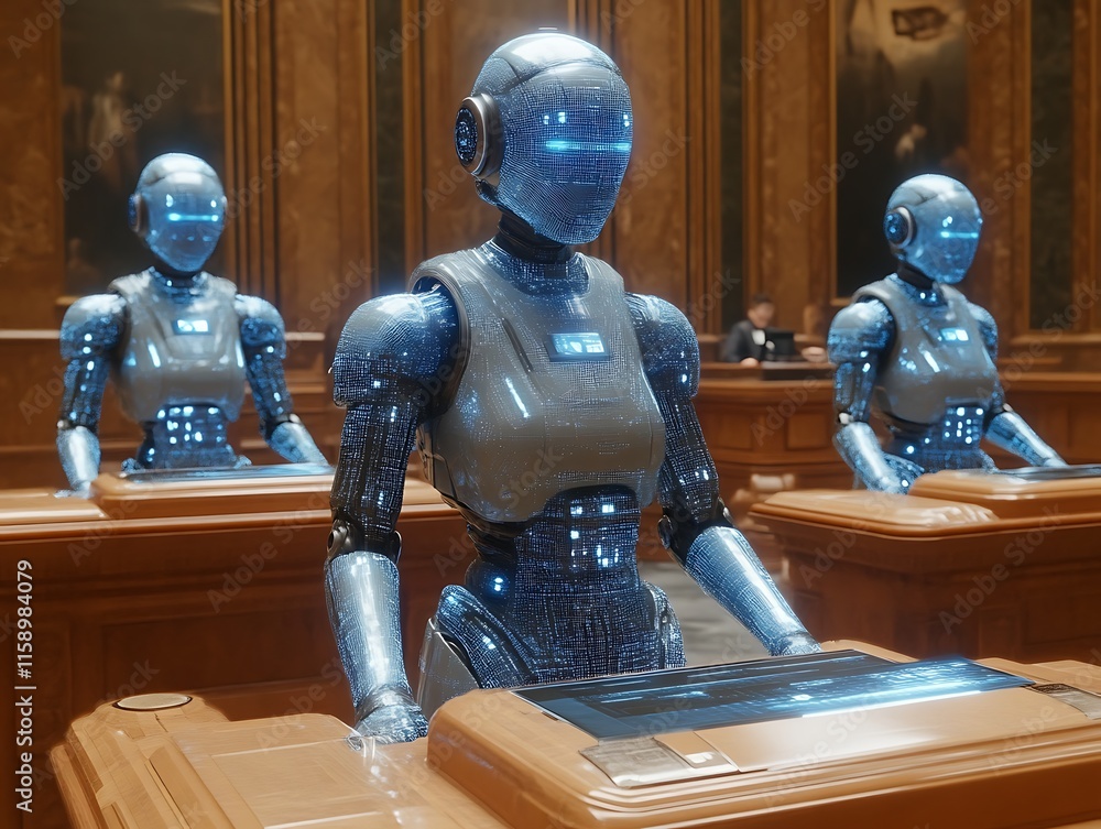 Three robots in a formal setting. Three robots in a formal setting.
