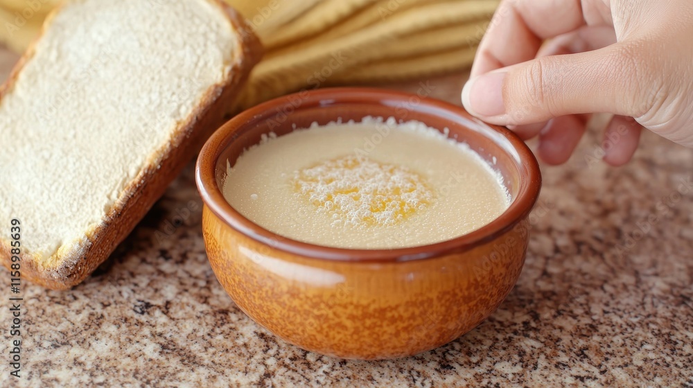 A bowl of creamy spread beside a slice of bread. A bowl of creamy spread beside a slice of bread.