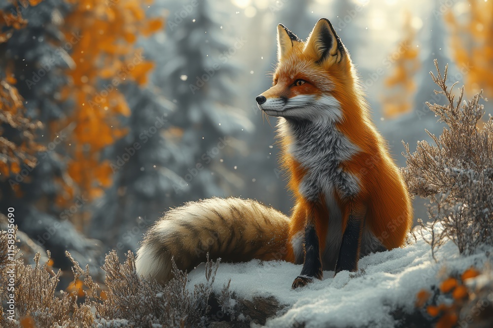 Obraz premium Fox resting in a snowy forest with vibrant fall foliage