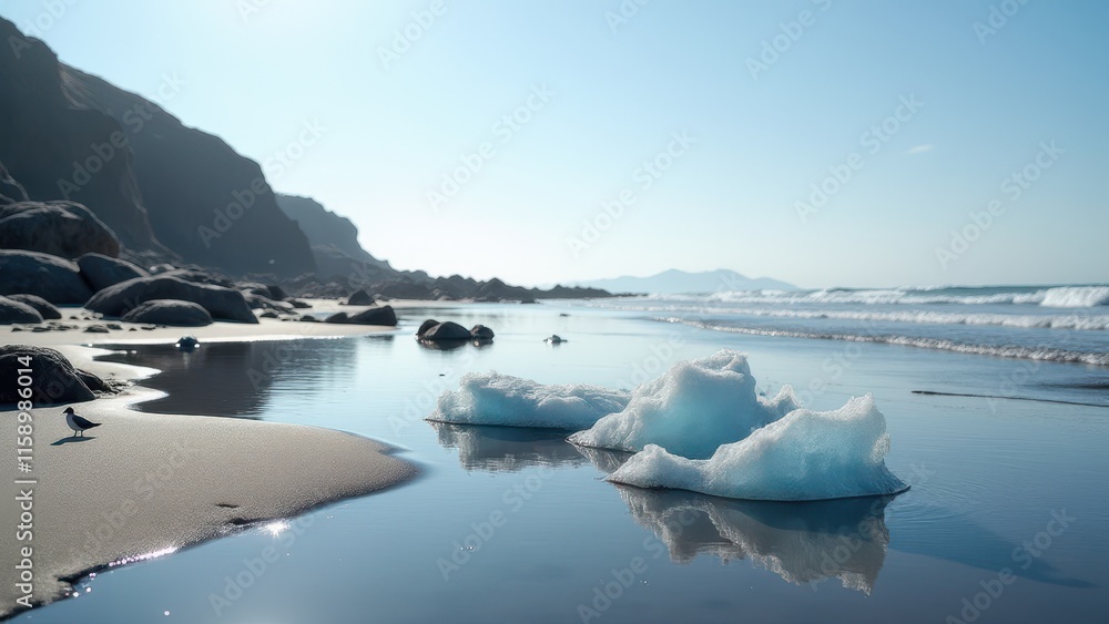 Fototapeta premium Melted ice, Ice melting in tide pools, coastal clarity, photorealistic.