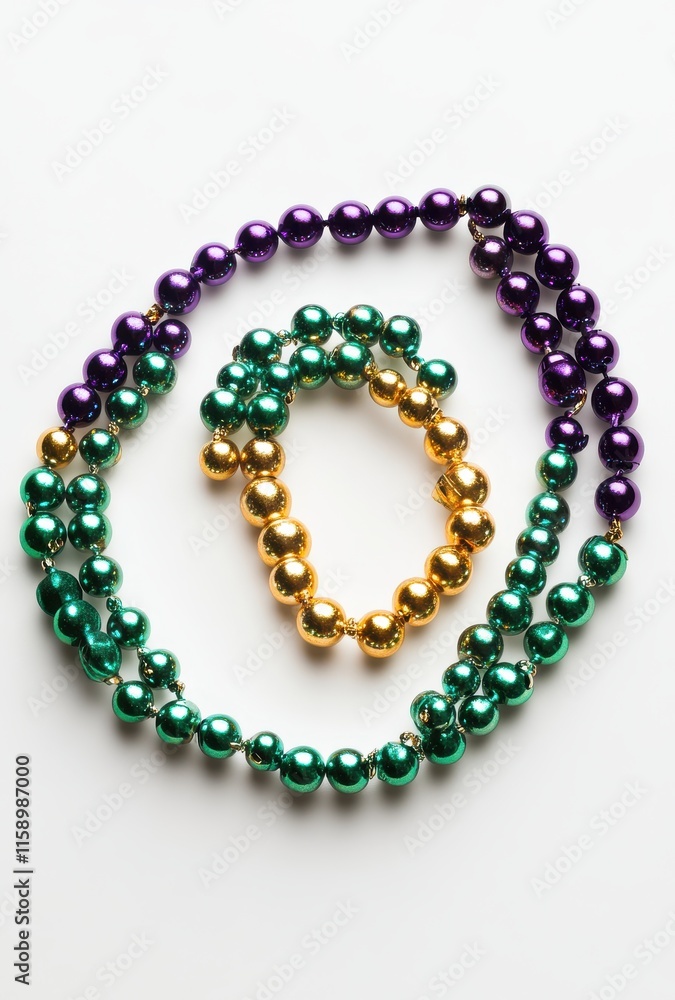 Colorful beads in vibrant hues of green, purple, and gold arranged in an artistic pattern on a clean white background for festive celebrations and decorations Colorful beads in vibrant hues of green, purple, and gold arranged in an artistic pattern on a clean white background for festive celebrations and decorations