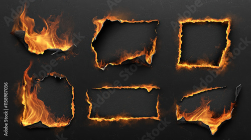 Burn paper corners, holes and borders, burnt page with smoldering fire on charred uneven edges, parchment sheets in flame. Burned frames isolated on transparent background. Realistic 3d vector set