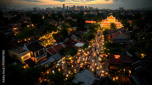 Night market scene with temple and city skyline. photo