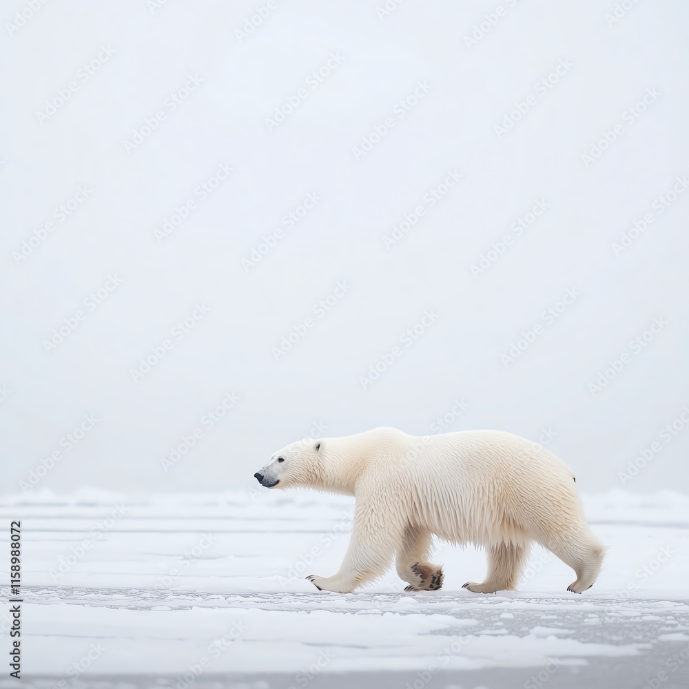 Polar bear walking on ice in a serene, white isolated background. Polar bear walking on ice in a serene, white isolated background.