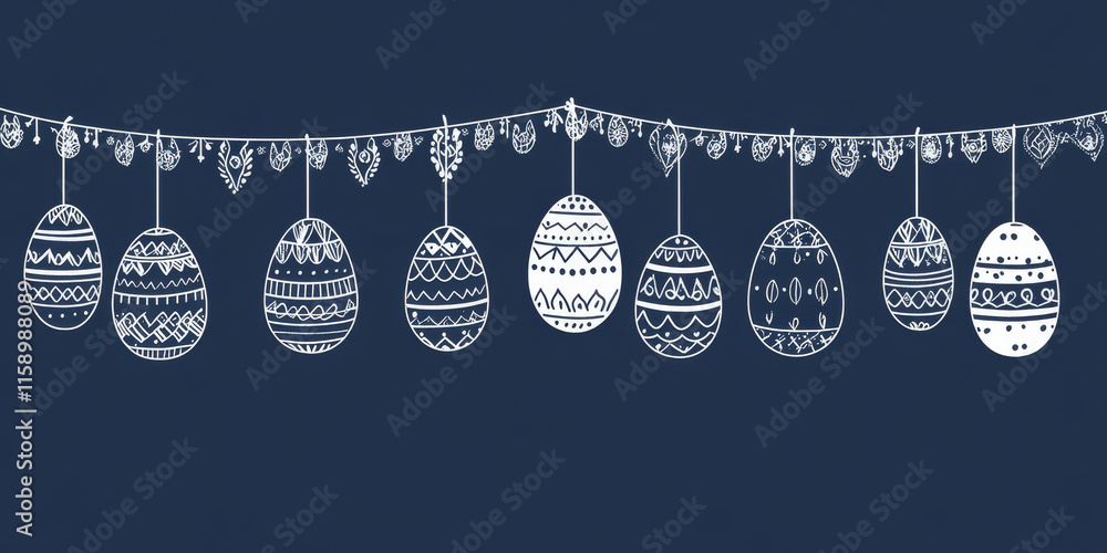 Naklejka premium Colorful Easter eggs are artistically arranged on a string, creating a festive atmosphere perfect for spring celebrations and holiday decor in a cheerful setting