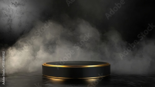 A circular black podium with a golden edge is set against a dark smoky background, creating a dramatic atmosphere perfect for presentations or displays. photo