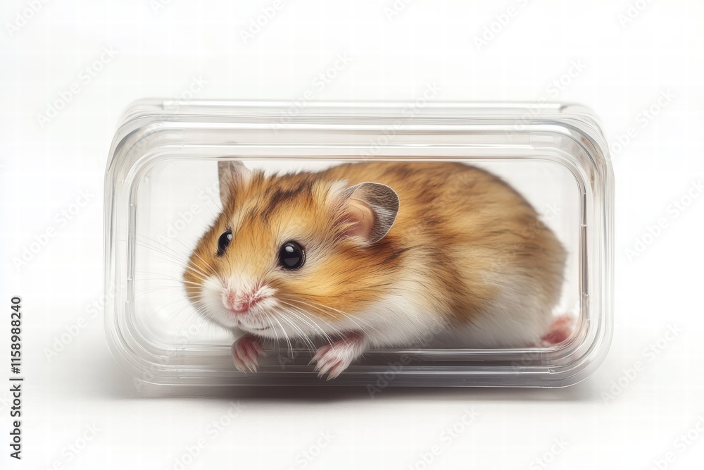 Fototapeta premium Hamster exploring a small transparent container in a bright setting