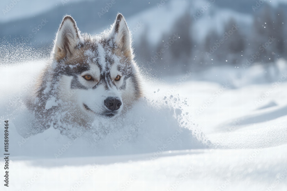 Fototapeta premium Husky dog joyfully playing in deep snow on a winter day in a mountainous landscape