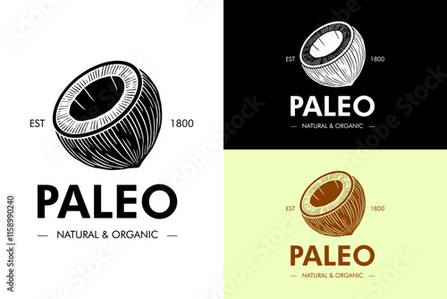 illustration of half piece of coconut, nuts shop, paleo snacks logo, natural, organic food, keto diet, dietary, diet plan, sweet, nutrition, coconut oil, vectors, abstract logo