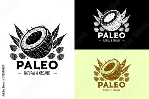 a half piece of coconut with leaves and almonds, paleo logo, paleo snacks, nuts shop, diet plan, keto diet, almonds, almonds oil, sweet, organic products, icon, natural, vectors