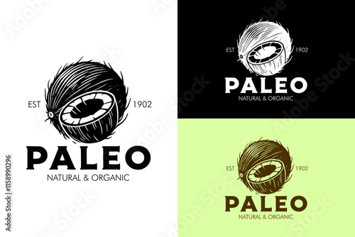 illustration of a full coconut and a half coconut, paleo logo, paleo snacks, sweet, organic products, natural, nutrition, keto diet, dietary, coconut water, vectors, abstract logo, illustration