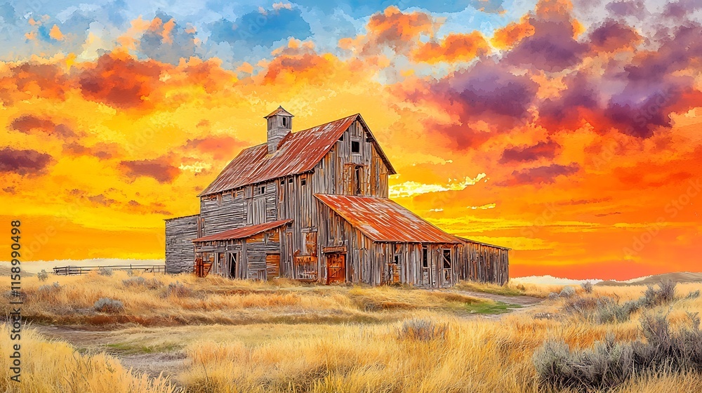 Gold Rush Era, Stunning Sunset Scene Featuring a Rustic Wooden Mill Surrounded by Golden Grasslands in Vibrant Watercolor Style Gold Rush Era, Stunning Sunset Scene Featuring a Rustic Wooden Mill Surrounded by Golden Grasslands in Vibrant Watercolor Style