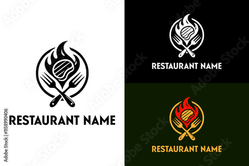 beef steak in fire, forks, circle, meat, meal, dietary, diet plan, paleo food, keto diet, restaurant logo, cuisines, dishes, menu, carnivore, omnivore, vectors, icon