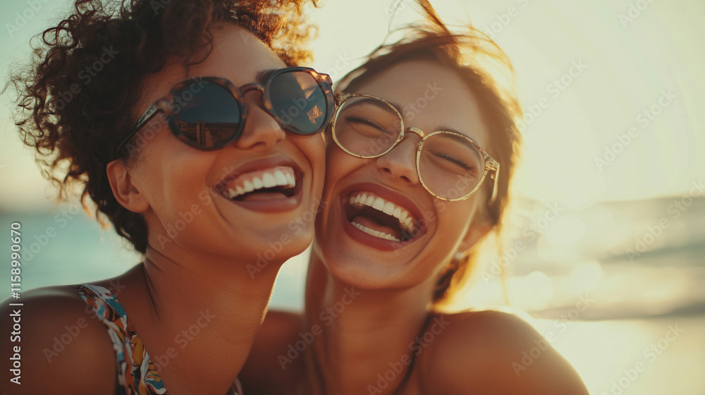 Two friends enjoying a sunny day at the beach while laughing and having fun together Two friends enjoying a sunny day at the beach while laughing and having fun together