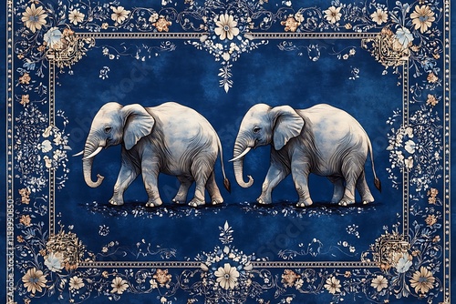 Elegant Pair of Elephants on a Luxurious Floral Indigo Rug photo