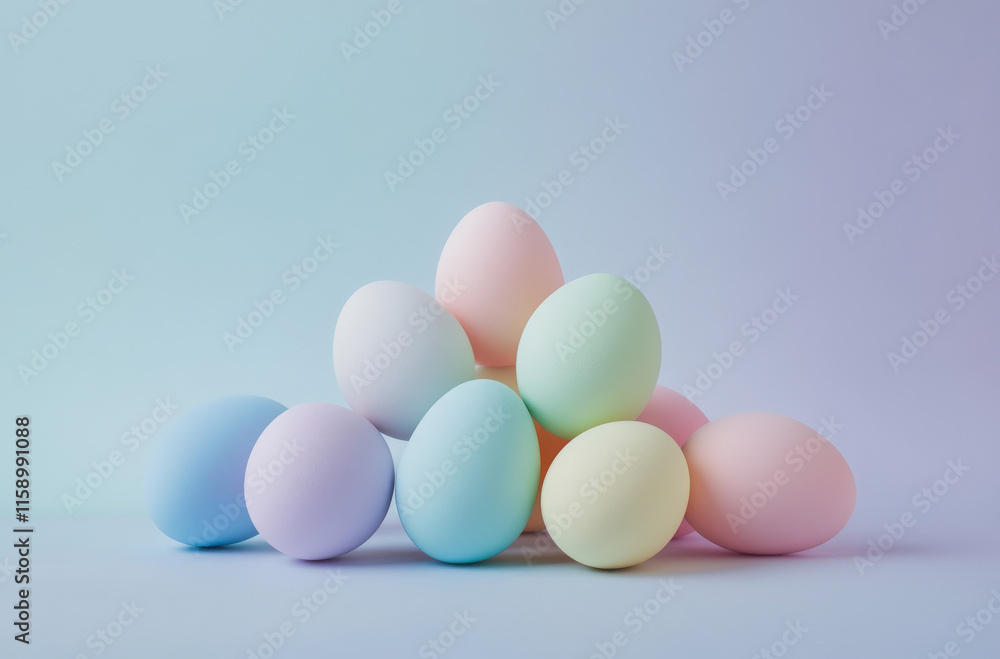A collection of pastel-colored eggs arranged in a pyramid shape rests on a gentle gradient backdrop. The soft colors create a tranquil atmosphere perfect for spring festivities or Easter themes A collection of pastel-colored eggs arranged in a pyramid shape rests on a gentle gradient backdrop. The soft colors create a tranquil atmosphere perfect for spring festivities or Easter themes