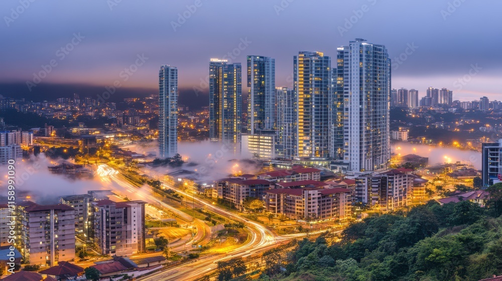 Fototapeta premium Foggy Cityscape with Morning Light Over Commercial District