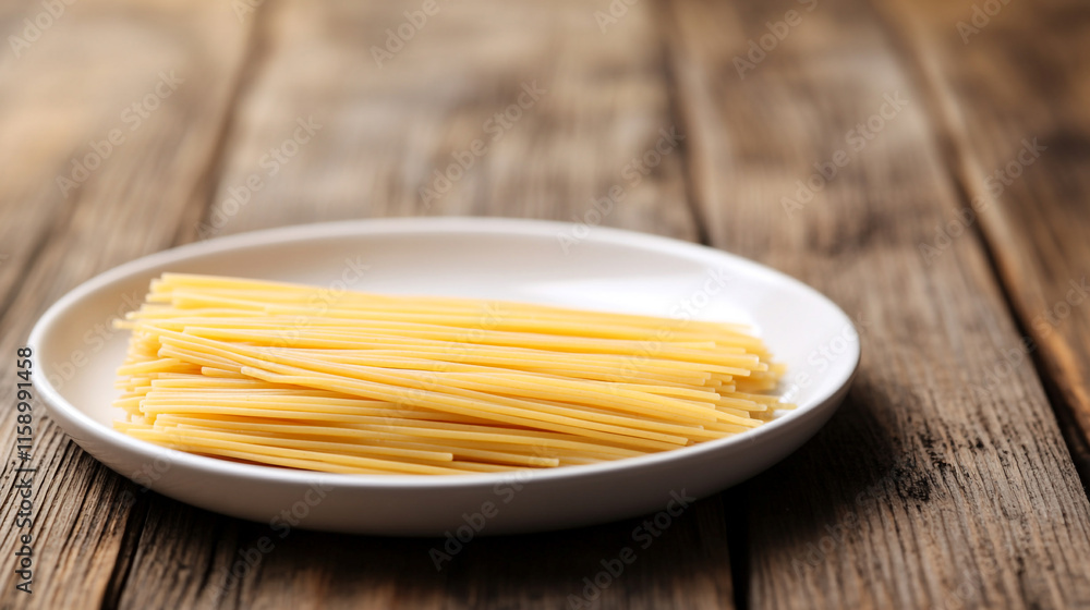 Fresh uncooked pasta ready for preparation on a rustic wooden table Fresh uncooked pasta ready for preparation on a rustic wooden table