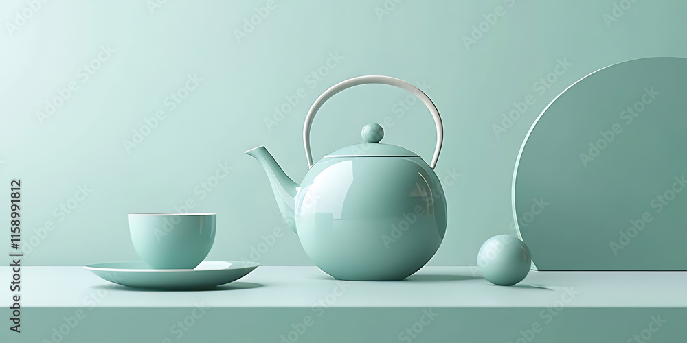 Teal teapot, cup, saucer and sphere on a mint green surface. Teal teapot, cup, saucer and sphere on a mint green surface.