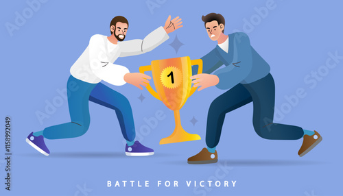 Two business professionals in formal attire reaching for the same golden trophy, symbolizing competition in the financial or corporate world.