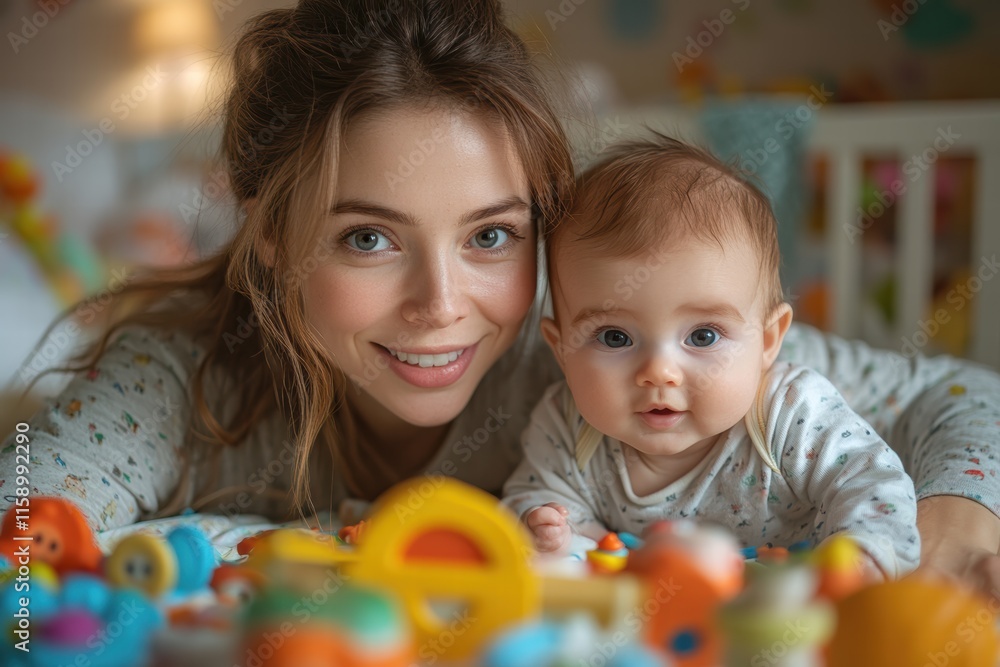 Mother enjoys playful moments with baby in a colorful nursery filled with toys Mother enjoys playful moments with baby in a colorful nursery filled with toys