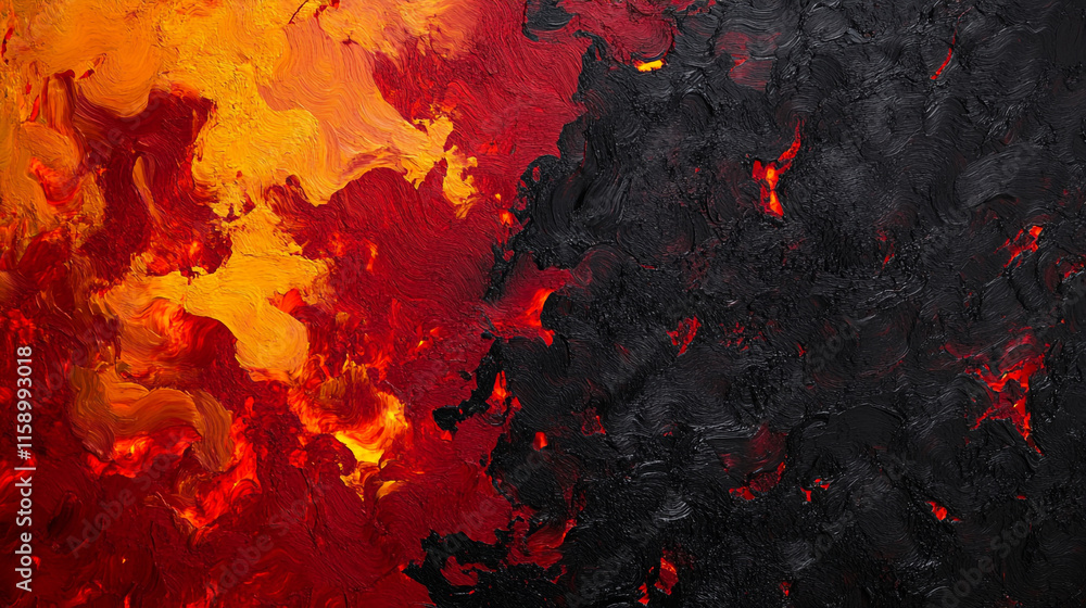 Artful abstraction of fiery colors blending into darkness with textured brushstrokes Artful abstraction of fiery colors blending into darkness with textured brushstrokes