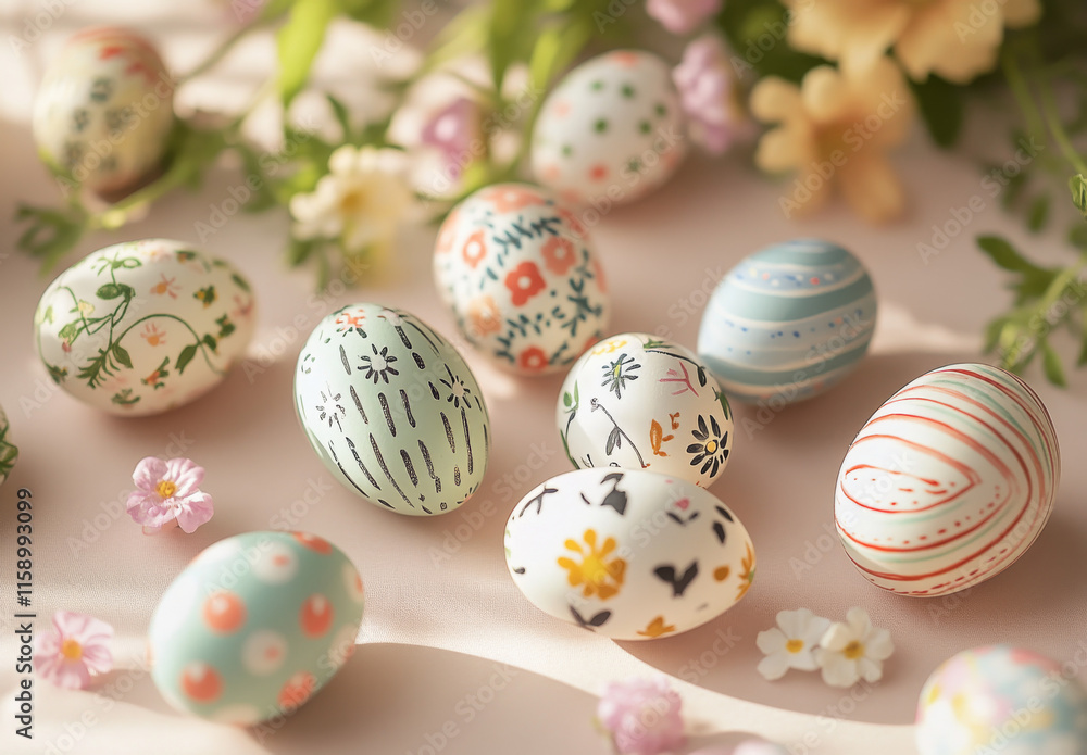 Intricately decorated eggs are arranged on a light surface, surrounded by delicate flowers, creating a vibrant and festive atmosphere for spring celebrations Intricately decorated eggs are arranged on a light surface, surrounded by delicate flowers, creating a vibrant and festive atmosphere for spring celebrations