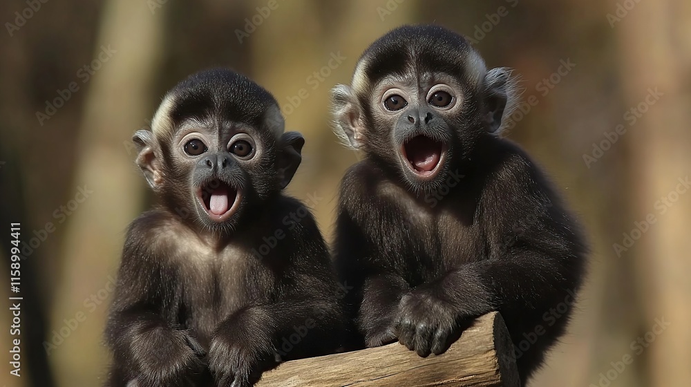 Two adorable baby monkeys with open mouths sitting on a log. Two adorable baby monkeys with open mouths sitting on a log.