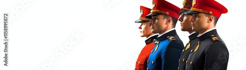 Three uniformed soldiers standing in line, white isolate background.