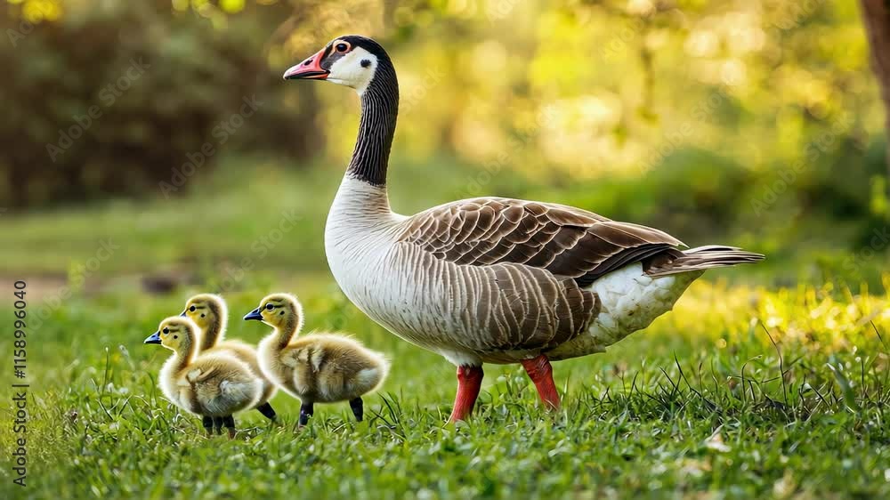 a duck with ducklings is walking on the grass. Selective focus a duck with ducklings is walking on the grass. Selective focus