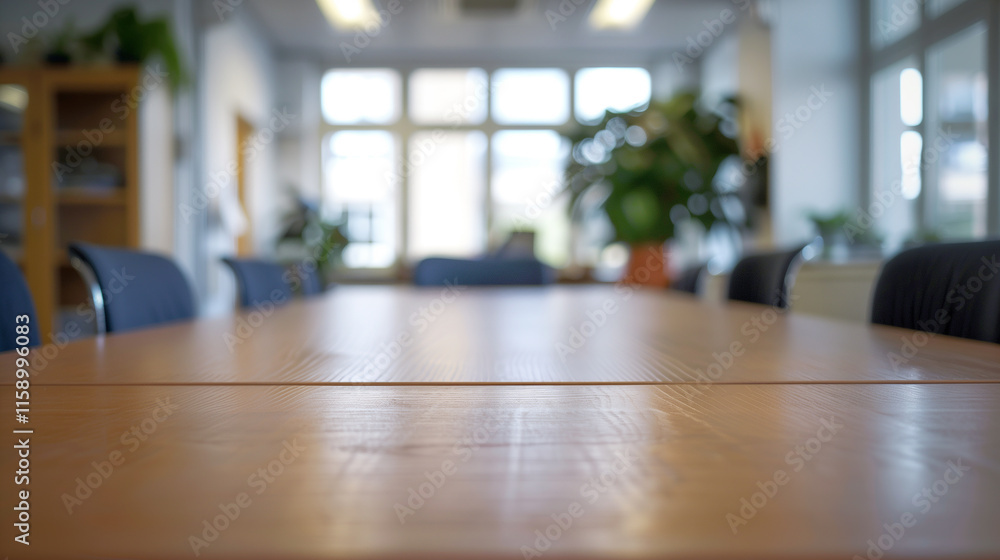 Fototapeta premium empty wooden table with blurred bokeh office interior