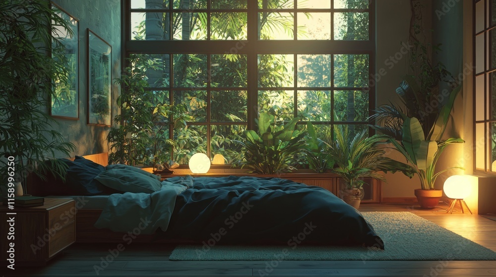 Serene bedroom with large window, lush plants, and warm lighting. Serene bedroom with large window, lush plants, and warm lighting.