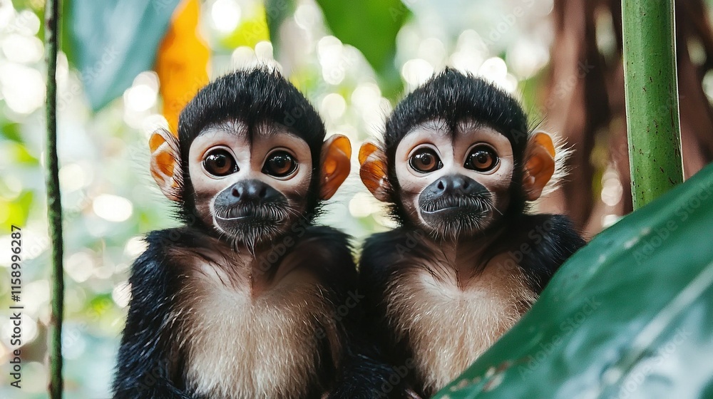 Two monkeys perched on a leaf-filled forest top, surrounded by abundant foliage Two monkeys perched on a leaf-filled forest top, surrounded by abundant foliage