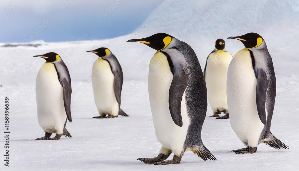 Fototapeta premium Emperor Penguins Marching Across the Vast Antarctic Ice in a Harsh Winter