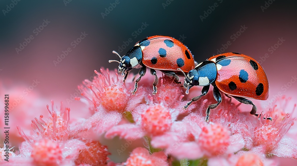 Fototapeta premium Two Ladybugs Resting on Pink Flowers