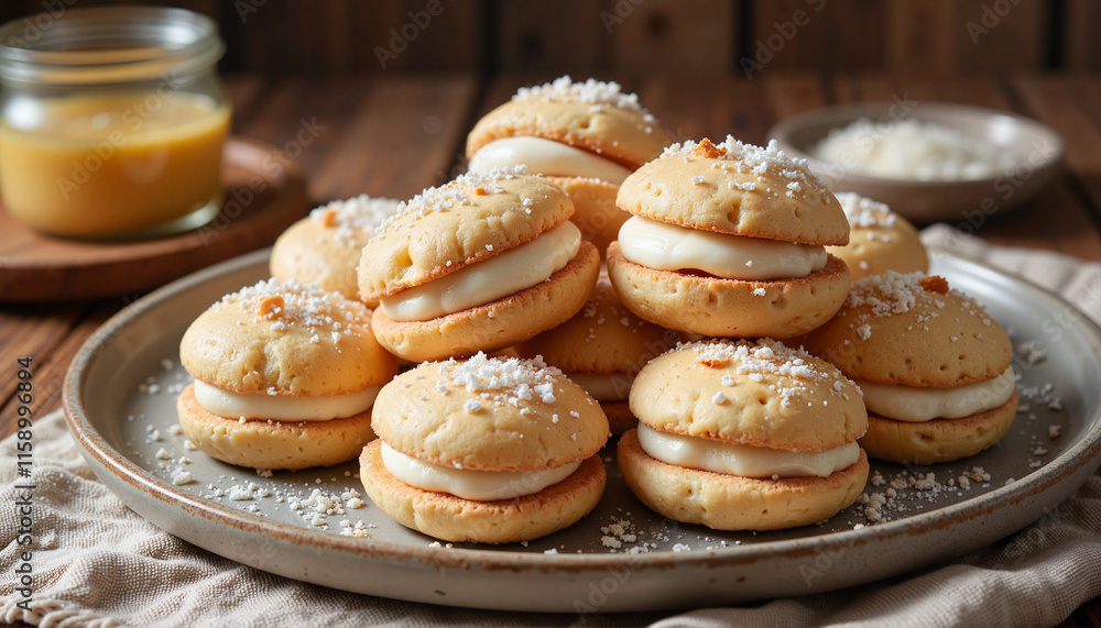 Delicious alfajores cookies piled high with cream filling and coconut flakes on a rustic plate Delicious alfajores cookies piled high with cream filling and coconut flakes on a rustic plate