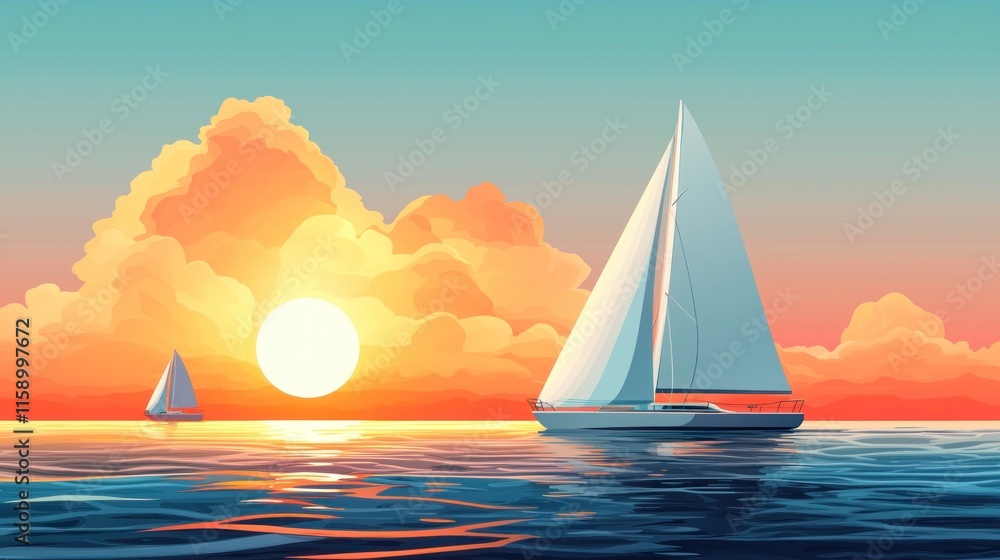 Fototapeta premium Serene Sunset over Tranquil Sea with Sailing Boats and Colorful Clouds in the Background, Capturing the Essence of Nature's Beauty and Peace