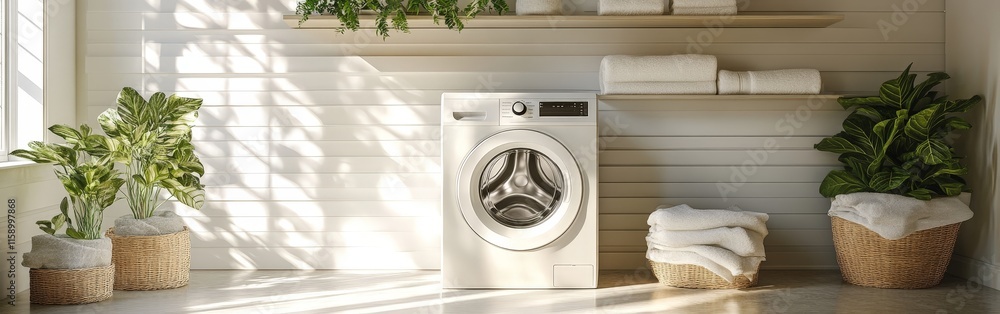 Modern Laundry Room with Washing Machine and Natural Greenery Modern Laundry Room with Washing Machine and Natural Greenery