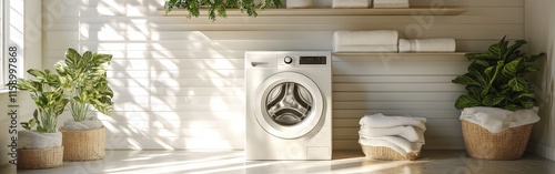 Wallpaper Mural Modern Laundry Room with Washing Machine and Natural Greenery Torontodigital.ca